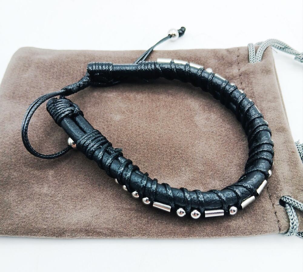 HIMSTORY Handmade Black Leather Morse Code Bracelet